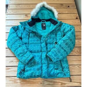 Spyder Hooded Goose Down Puffer Ski Jacket Coat Size Small Women’s Blue Full Zip